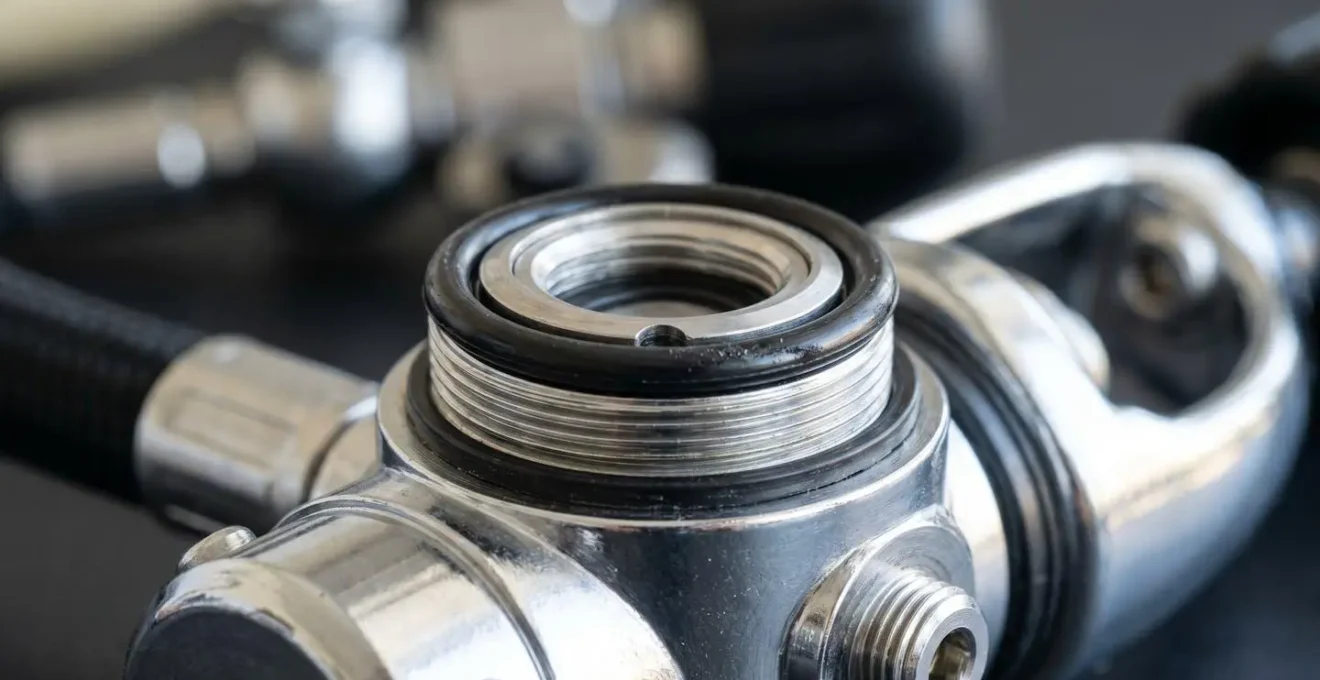 Vue en gros plan extrême sur la membrane haute pression argentée d'un détendeur de plongée, avec mise au point précise sur le joint torique noir, arrière-plan flouté en dégradé