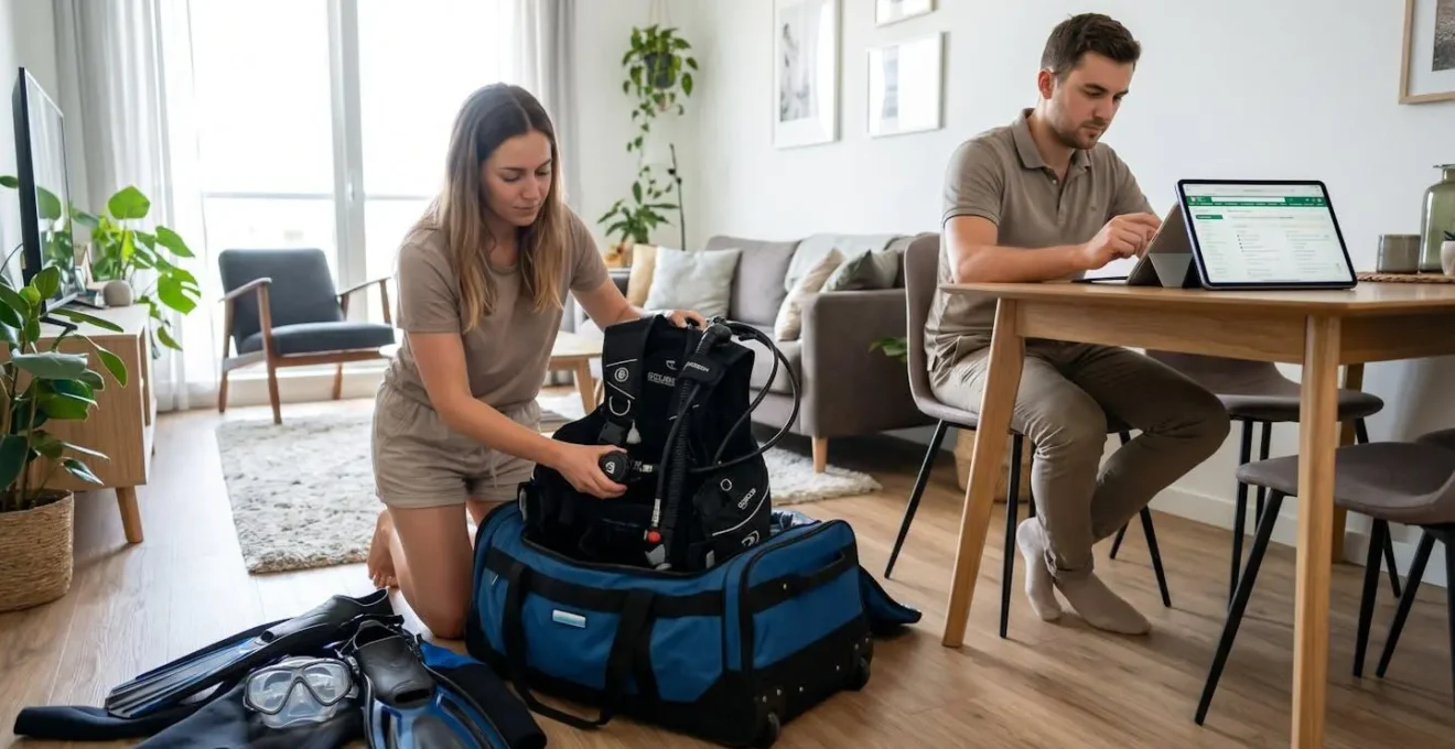 Un plongeur vu de dos range méthodiquement son équipement de plongée dans un grand sac de voyage ouvert, tandis qu'une autre personne floue en arrière-plan consulte une liste sur une tablette dans un salon lumineux