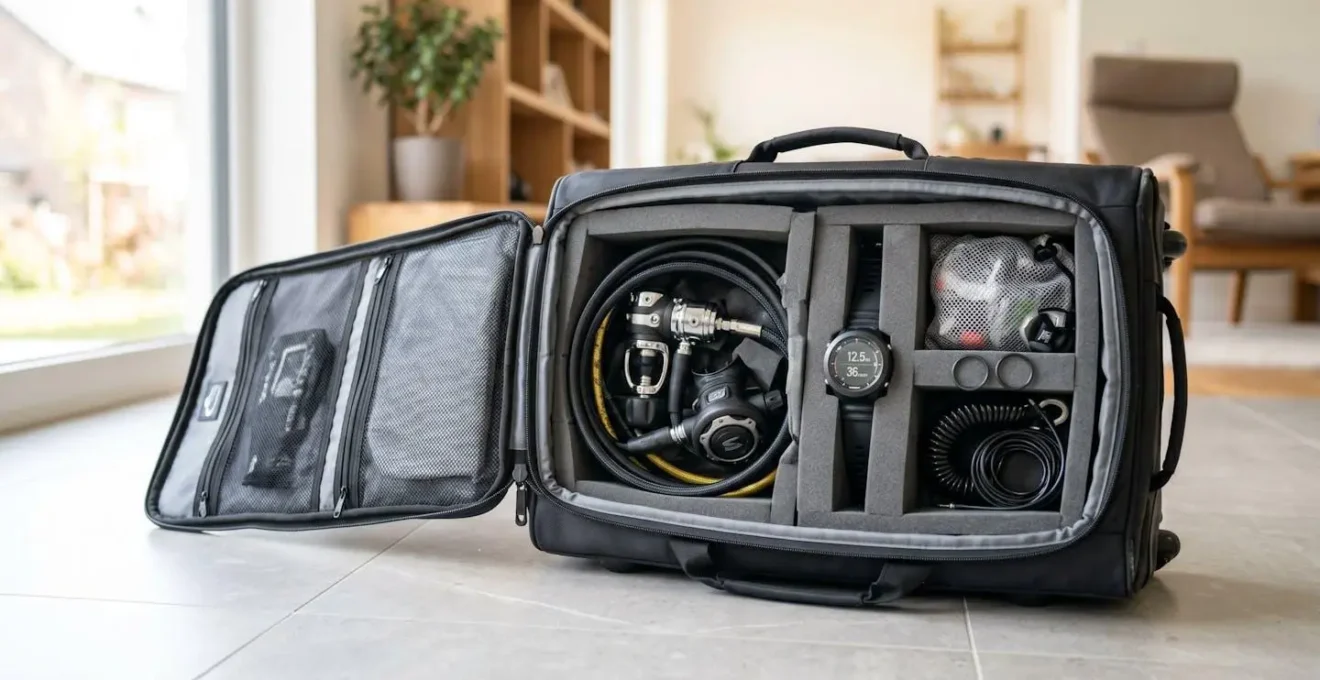 Sac de plongée professionnel à roulettes ouvert en deux sections, montrant plusieurs compartiments rembourrés contenant des détendeurs protégés et un ordinateur de plongée calé dans de la mousse, posé sur un sol moderne en carrelage clair dans une pièce lumineuse